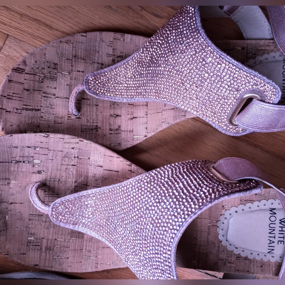 SANDALS, 3" HEELWEDGE, PINK SPARKLY TOP, ELASTIC BACK,SIZE 9M, BY WHITE MOUNTAIN